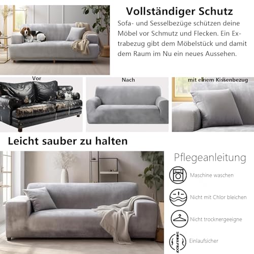 NAKIHOUSE Dicke Samt Sofa Überwürfe Sofabezug mit einem Kissenbezug, Superweicher Elastische Sofa Abdeckung in Silber-Grau Farbe für 1/2/3/4 Sitzer(L-förmiges Ecksofa erfordert Zwei)
