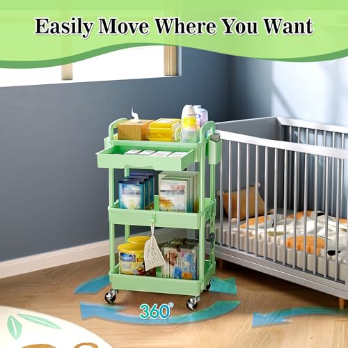 Image of SUNALLY 3-Tier Rolling Cart with Drawer & Lockable Wheels, Bathroom Storage Organizer Multifunctional Rolling Storage Cart for Bathroom, Kitchen, Office, Craft, Makeup, Baby Essentials, Green