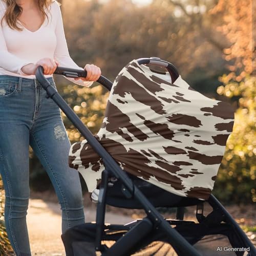 Image of Wanyint Brown Cow Nursing Cover Carseat Canopy Cover Adorable Animal Fur Print Car Seat Covers for Babies Girls Boys Breathable Nursing Cover for Boys Girls