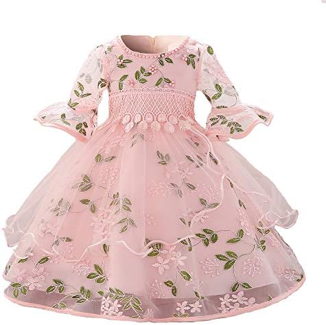 Girls' Embroidered Lace Princess Wedding Baptism Dress Long Sleeve Formal Party Wear for Toddler Baby Girl