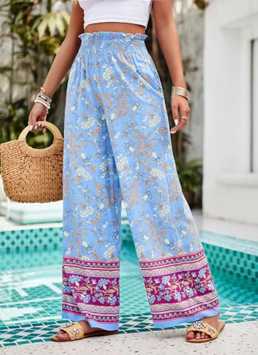 chouyatou Women's Floral Wide Leg Palazzo Pants Boho High Elastic Waisted Beach Flowy Pants with Pockets3