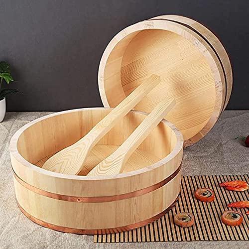 Japanese Sushi Rice Bowl Wooden Hangiri Sushi Oke Rice Mixing Tub Copper Bands For Restaurant Home Kitchen, White Pine Wood #TOP2