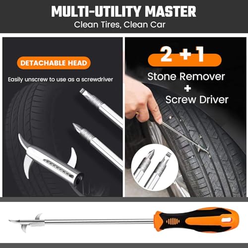 Image of 403 /Stainlees Steel Tyre Stone Remover Tool, Multipurpose Car Hook, Tire Cleaning, Tyre Stone Picker for Motor Bike Truck Car Wheel Cleaing Hook with Solid Rubber Handle (Built-in Screwdriver)