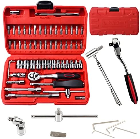 LLNDEI 1/4 Inch Socket Set Metric with Ratchet Wrench 57+1PCS, Magnetic Pick-Up Tool, Extensions with 1/4" Drive Bits Set 30PCS, Household Home Repair Kit & Automotive Repair, DIY'er (Sockets 4-14mm)