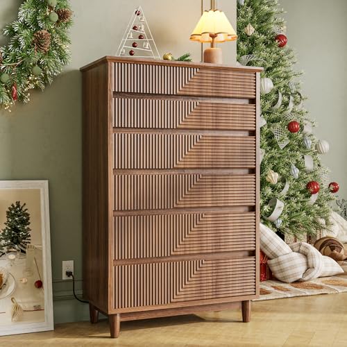 KSOBEBVT Fluted Dresser with Wide 6 Drawers, 49" Tall Modern