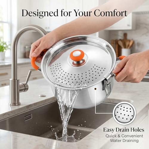 Image of MYNAKSHA Stainless Steel Strainer Pot with Double Lid, Heavy Base 0.8 CM Rice Cooker with Locking Handles, Induction & Gas Compatible, Drain Easily, Ideal for Pasta, Noodles & Vegetables - 6.5 L