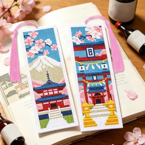 Image of ACRNIGHEET 6PCS Cross Stitch Bookmark Kit for Beginner Stamped Cross Stitch Kits for Adults Japanese DIY Tassel Embroidery Bookmark Kits Needlepoint Kit with Instructions Craft Gift 8.5''x3'' 11CT