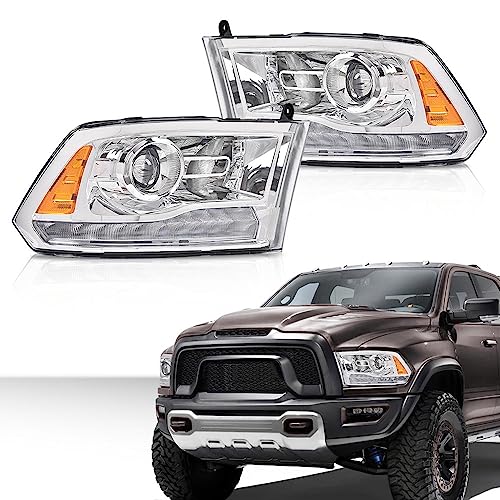 CHEDA LED Bar Plank Style Headlights Assembly Headlamp w/Bulbs Compatible With 2013-2018 Dodge Ram 1500 2500 3500 Pair Head Lamps Clear Lens Clear Housing Amber Reflector Faros Conjunto De Faros