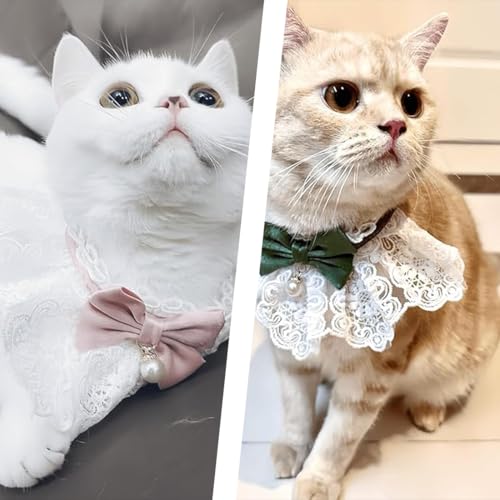 FMYODWU 2 Stück Katzenhalsbänder mit Perlen Katzen Halsband – Katzenhalsbänder mit Glöckchen, verstellbare Perlen-Fliege-Halsbänder, süßes Halsband-Zubehör,grün M und pink S
