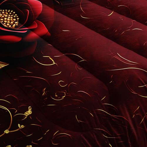 Image of AILONEN Rose Flower Comforter Queen Size with 2 Pillowcases,Luxury Red and White Bedding Set 3Pcs for All Season,Floral Romantic Theme Quilt Set for Home Decor