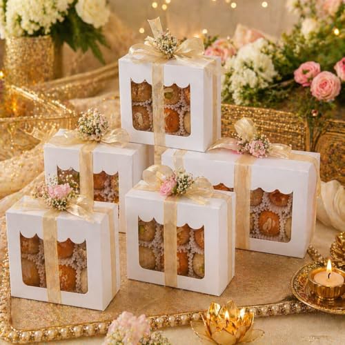 Image of Hariaura White Small Gift Box with Transparent Window (3x3x2 Inches) - Set of 10 | Premium Packaging Box for Sweets, Chocolates, Return Gifts & Pooja Items