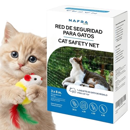 Nafra Home Red Gatos Terraza - Red Gatos Ventanas Transparente con Kit De Instalación - Malla para Gatos Balcon Sin Taladro Y con Taladro – Accesorios para Gatos Seguro Y Resistente 8x3m