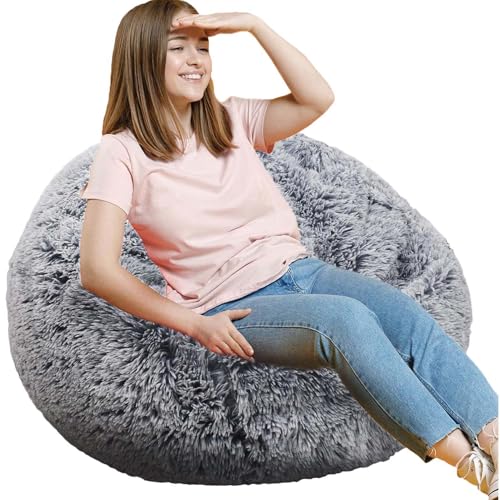 Image of Fluffy Bean Bag Chair, 3FT Round Memory Foam Filled Bean Bag for Teens & Kids, Ultra Soft Faux Fur Fabric Bean Bag Chairs for Playroom, Living Room, Bedroom, Gray