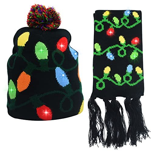 Sept.Filles Kids Christmas Party Holiday Hats Light up Hat Beanie Winter Hat Scarf Kids Beanie