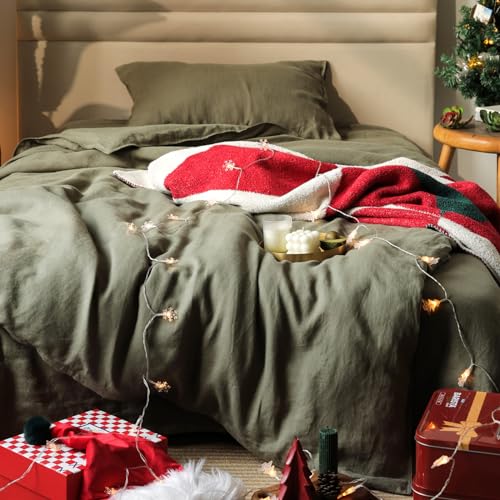 Image of XZ XIFA 100% Washed French Flax Linen Duvet Cover Set - 2 Pieces, Cooling & Textured Farmhouse Bedding for Hot Sleepers, with Zipper Closure (Olive Green, Twin)