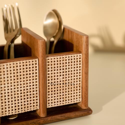 Image of Brick Brown Premium Wooden Nora Cutlery Holder Spoon Stand for Kitchen | Cutlery holder for Dining table | Wooden Caddy Storage Organiser Stand with 3 Section Caddy Holder (8.4x4x4.7 inch)