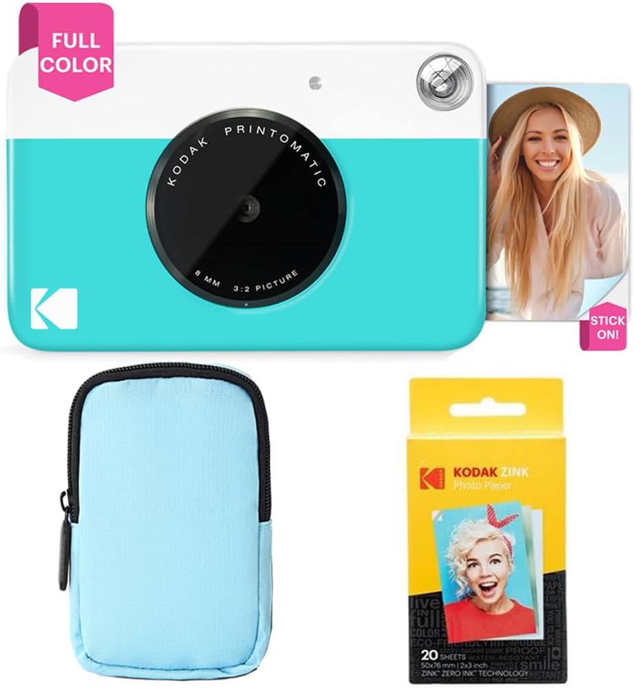 Kodak Printomatic Full-Color Instant Print Camera Starter Bundle + Soft Case + Zink 20 Pack Photo Paper - Colorful Photos On 2x3 Sticky-Back Paper - Fun Gift for Birthday Christmas Holiday - Blue