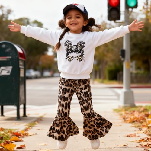 Image of KIDLAGA Toddler Girl Clothes Figure Graphic Drop Shoulder Top Pullover Leopard Print Flared Pants Fall Winter Outfit Set