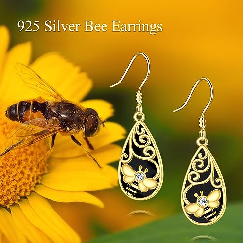 Image of LUHE Bee Earrings for Women 925 Sterling Silver Bumble Earrings with Honeycomb Honeybee Jewelry Dangle Gifts for Women