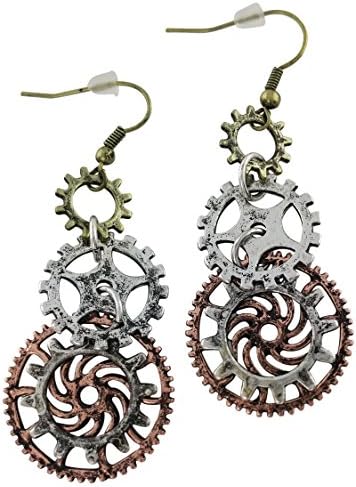 Triple Steampunk Clock Wheel Gear Earrings made for sensitive ears - Gold, Copper and Silver colors - Mixed-Tone Retro Clock Gear Earrings - Gothic Victorian or Punk style for Woman or Teens