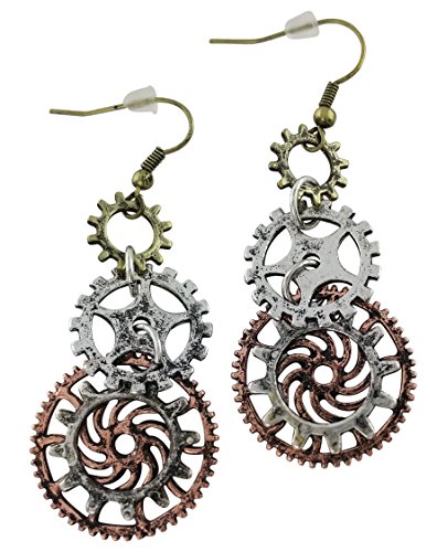 Triple Steampunk Clock Wheel Gear Earrings Made For Sensitive Ears - Gold, Copper And Silver Colors - Mixed-Tone Retro Clock Gear Earrings - Gothic Victorian Or Punk Style For Woman Or Teens #TOP2