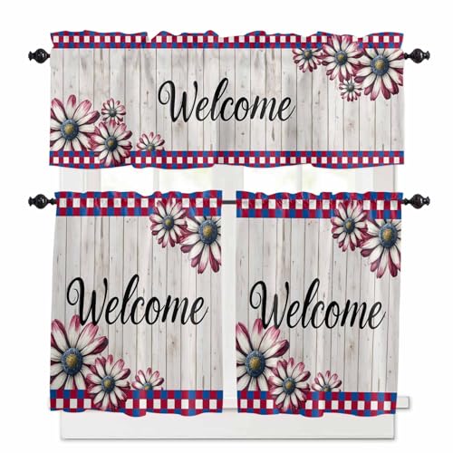 Red Blue Daisy Kitchen Curtains 36 Inch Length, 3 Piece Rod Pocket Small Half Tiers and Valance Set, Welcome Plaid Vintage 4th of July Small Large Window Treatment Decor for Bedroom/Bathroom Sink