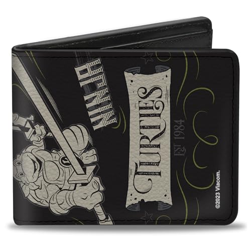 Nickelodeon Wallet, Bifold, Ninja Turtles Est. 1984 Action Poses Black White, Vegan Leather