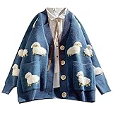 KLOVA Damen Langarm Strickjacke Cartoon Schaf Knopf Pullover Mantel mit Taschen