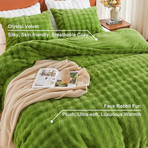 Image of EMME Faux Fur Duvet Cover Twin Size, 2 Pieces Ultra Soft Fluffy Comforter Cover, Cozy Warm for Winter, Luxury Elegant Shaggy Bubble Design Bedding, 1 Duvet Cover & 1 Pillow Shams (Twin, Green)
