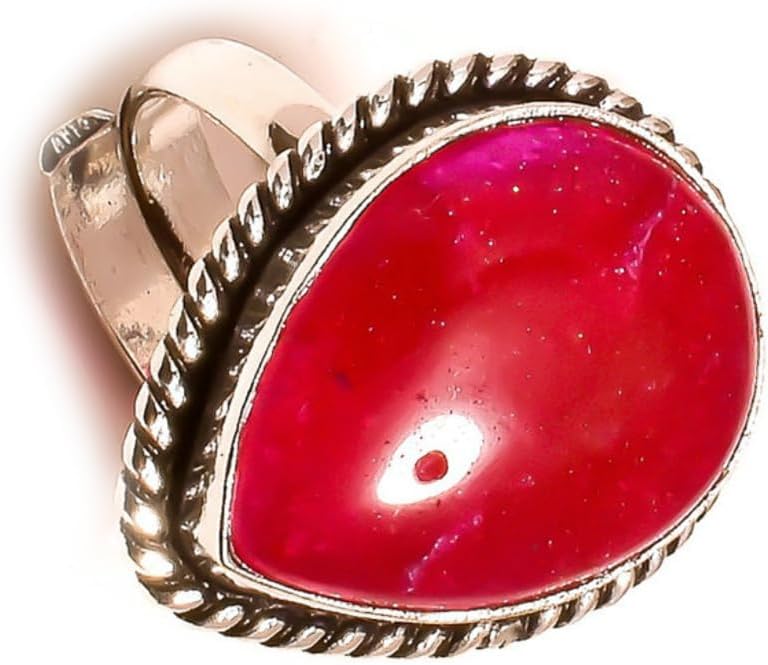 Red Ruby Cabochon Pear Gemstone Handmade Rope Bezel Statement Adjustable Ring-N 1/2