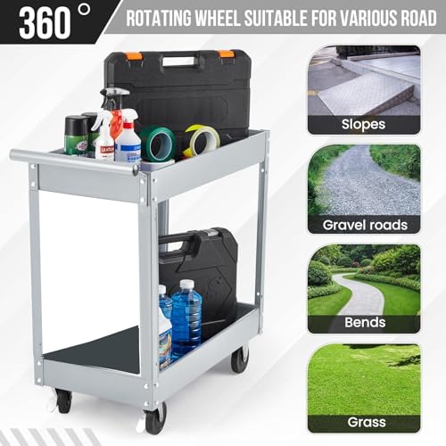 2-Stockiges Roll-Werkzeugwagen Aus Stahl, Transportwagen Mit 135kg Tragfähigkeit, Handwagen Mit Feststellbare Rädern Und Metallgriff, Für Garagen, Lagerhallen, 83x38x81cm