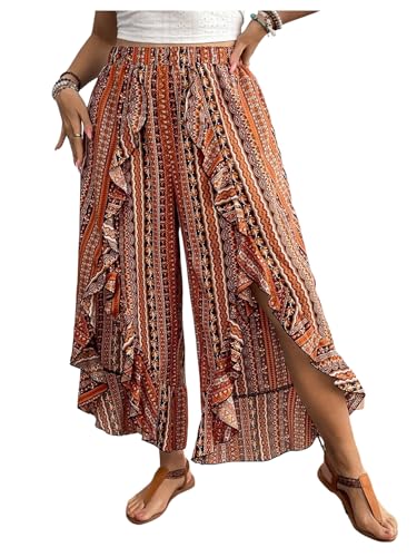 OYOANGLE Women's Plus Size Boho Print Ruffle Trim Cropped Pants Slit Wide Leg High Waist Casual Trousers