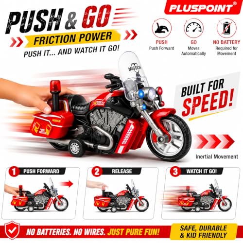 Image of PLUSPOINT Fire Rescue Bike Toy for Kids | Friction Powered Push & Go Fire Motorcycle with Lights & Music | Emergency Rescue Vehicle Simulation Toy for Boys & Girls Age 3-6 Years
