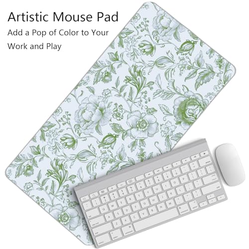 Image of Sage Green Chinoiserie Mouse Pad,Sage Green Floral Desk Mat,XL Large Greens Floral Preppy Trendy Mouse Pad,Girly Gaming Mousepad,Girly Laptop Desk Mat for Dorm Home Office,23.6x11.8 Inch