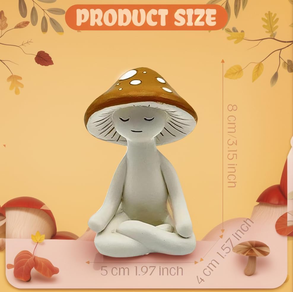 Condition photo showing New/Like New for meditation mushroom statue, cute yoga mushroom figurine for desk, home, patio, or garden decor, small tabletop resin ornament for relaxation and zen atmosphere