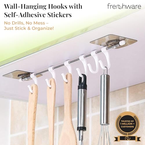 Image of Frenchware Wall Hanging Organizer Rod with 6 Hooks and 2 Adhesive Sticker | Stainless Steel Rack Without Drilling, For Cloth and Utensil Hanger