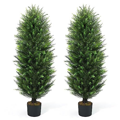 CAPHAUS 4 FT, 48 Inch Artificial Cedar Tree set of 2, Natural Faux Plants for Outside Planter, UV Resistant, Fake Boxwood Topiary w/Dried Moss, Artificial Tree Indoor, Outdoor Patio Decor