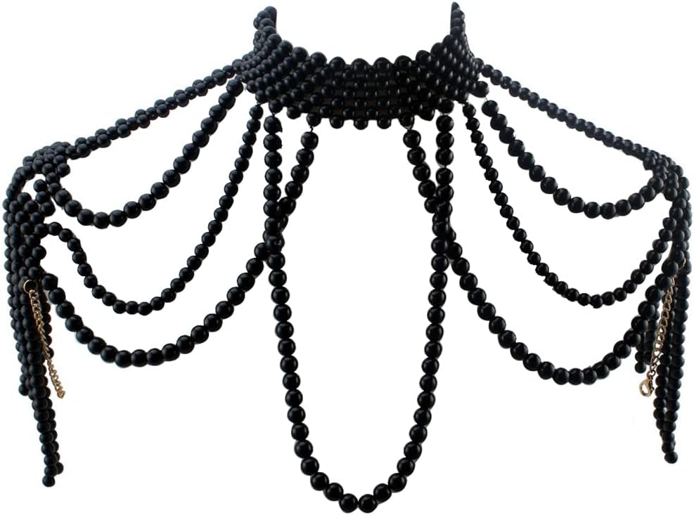 Chunky Bead Pendant Choker Long Statement Necklace for Women Costume Pearl Beaded Chain Shoulder Body Jewelry