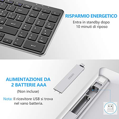 OMOTON Tastiera Wireless per PC Windows 7/8/10, con Ricevitore USB 2.4GHz per Desktop/Laptop/Notebook, Tastiera Italiana Senza Fili, Leggera e Sottile, Nera