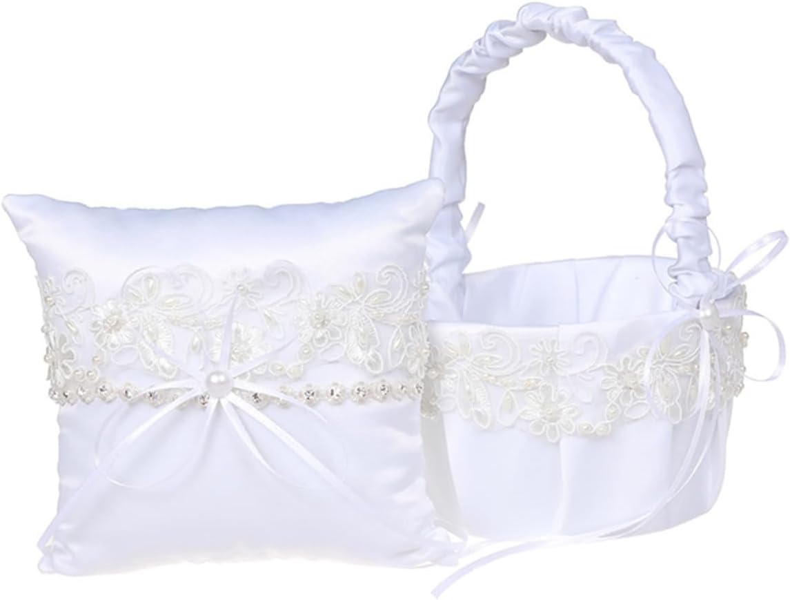 White Lace Flower Girl Basket with Satin Handle 18cm Wedding Basket for Ceremony Supplies Romantic Pearl Decoration