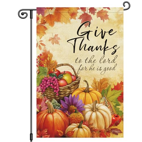 Louise Maelys Fall Thanksgiving Garden Flag Give Thanks Pumpkin Fruit Floral 12x18 Inch Double Sided Maple Holiday Seasonal Autumn Welcome Small Burlap Yard Sign Outside Outdoor House Decor