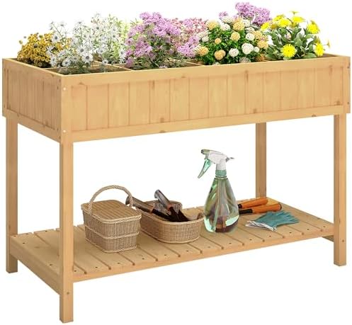 Outsunny Urban Wooden Garden Growing Table with Bottom Shelf, Rai...