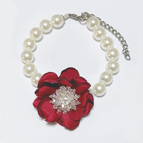 Miniatura 8 de Collar de perlas para perros y gatos pequeños con flores de cristal y corbatín de terciopelo, 2 piezas, ajustable y hecho a mano, Terciopelo