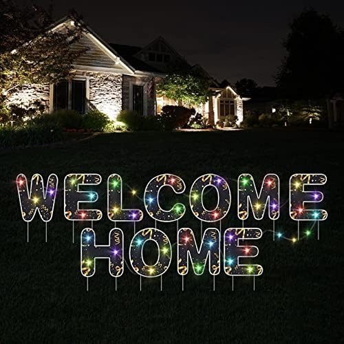 CZQEPMB welcome home yard sign with Stakes and Colored LED Lights - 15" Large Size Light Up Letters Outdoor Lawn Decoration, Welcome Back Home Theme Party