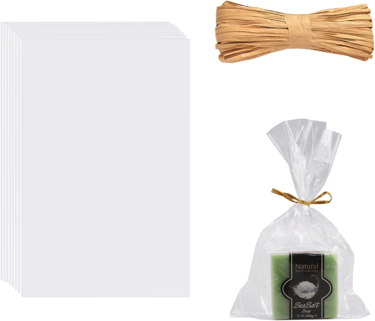 Miraclekoo100pcs Clear Soap Bags for Soap Packaging 5x8 Inch Cellophane Bags with Raffia Rope Transparent Soap Wrappers for Homemade Soap Gift Birthday Party Favor Packaging