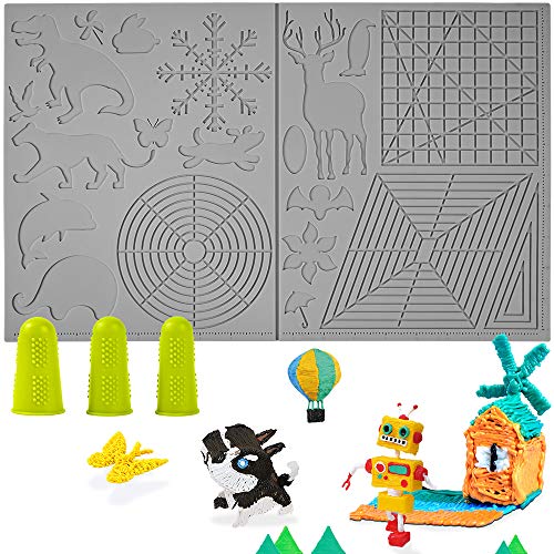 3D Pen Mat, 3D Printing Pen Mat Silicone Basic Stencils Templates Pad with 3 Finger Protectors 3D Pen Accessories Drawing Tools 3D Printing Pen Pad for 3D Pen Drawing Beginners Kids Adults (Grey)