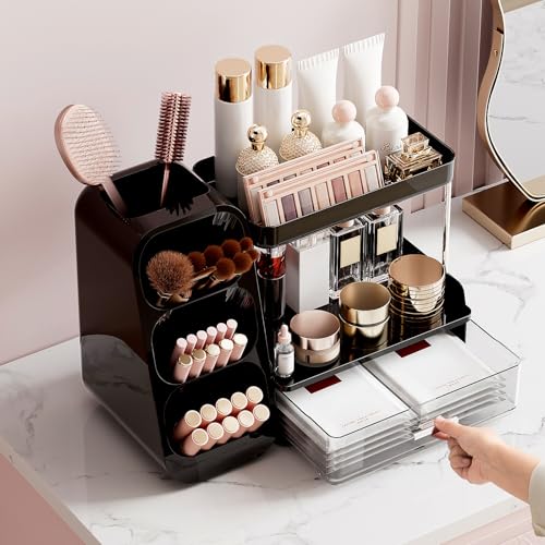 Image of UFORU Makeup Organizer for Vanity with Brush Holder, 2 Tiers Countertop Skincare, Cologne Organizer and Perfume Stand for Men Bathroom Vanity, Large Capacity Makeup Storage, Black