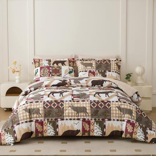 Smuge Lodge Moose Comforters Queen Size Set - 7 Pieces Lightweight Bed in a Bag Bear Rustic Cabin Country Comforter Sets Queen Bed, Down Alternative Bedding Sets, Sheets, Pillowcases & Shams(Red)