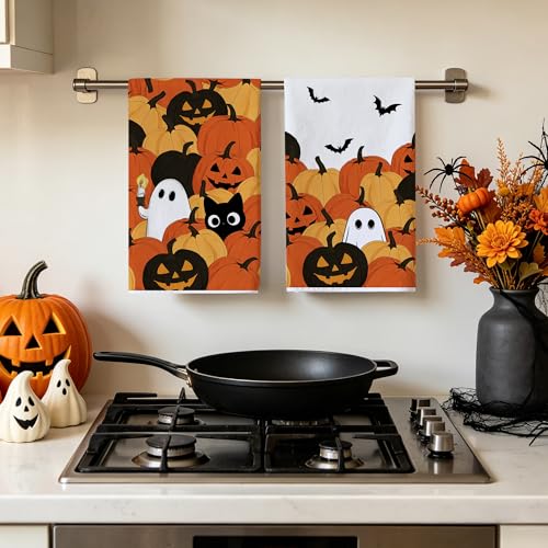Image of Hexagram Halloween Kitchen Towels, Ghost Cat Halloween Hand Towels | Black Dish Towel, Ghost Bathroom Decor, Pumpkin Decor, Sets of 2, 18 inchx28 inch, Cat Lover Gifts