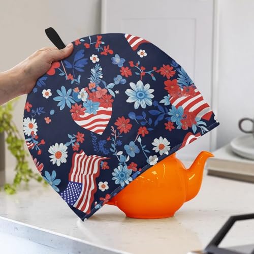 Image of Eucalyptus Flower USA Flag Teapot Cozy Tea Cozies Insulated Keep Tea Warm Teapot Dust-Proof Cover for Patriotic July 4th Independence Day Decor